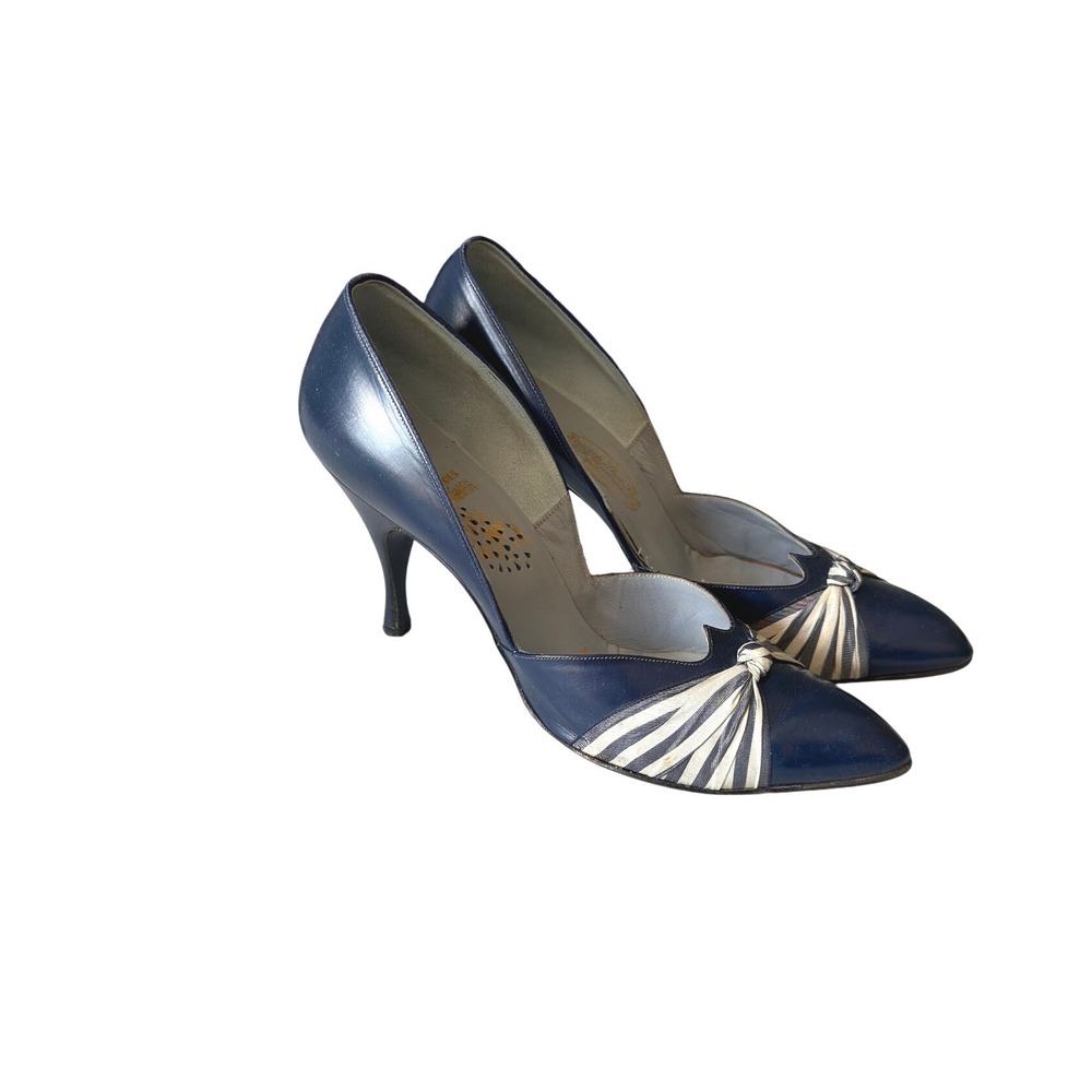 Vintage 40s‎ 50s Peacock Shoes Blue Leather Striped Knot Pointed Toe Pumps Heels